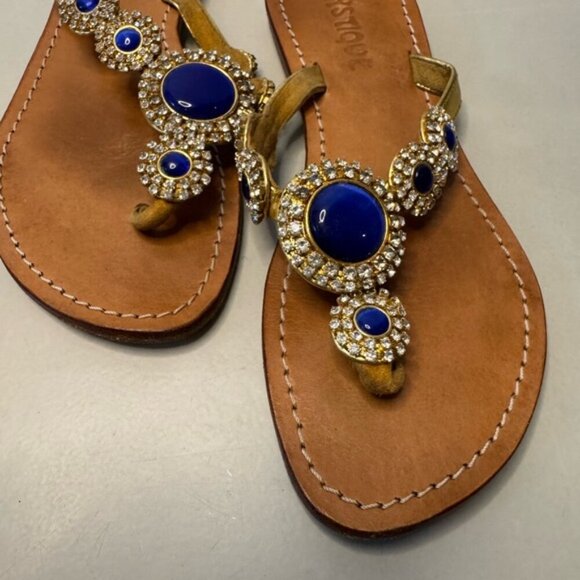 Tan Leather Sandals w/ Royal Blue and Silver Crystals - Size 6 | Chic & Elegant - Picture 3 of 5